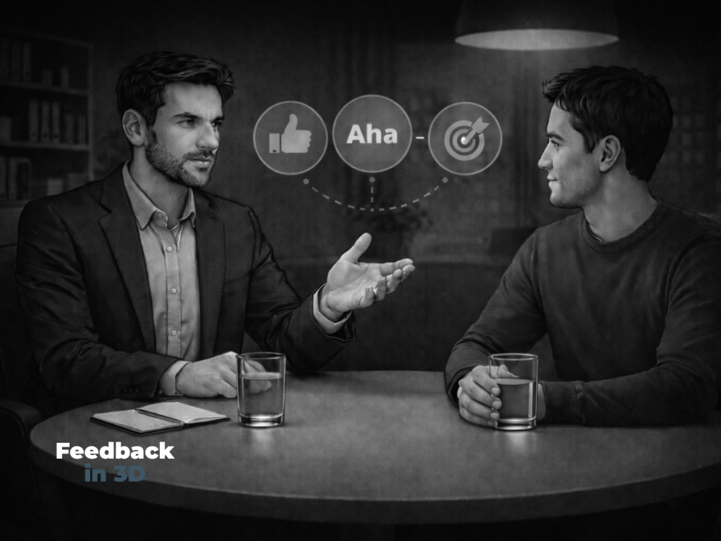 Feedback in 3D führt zu: verstehen, einordnen und Bedeutsamkeit erkennen Feedback in 3D = verstehen, einordnen und die Bedeutsamkeit erkennen. Zu sehen ist eine männliche Führungskraft, die einem männlichen Mitarbeiter Feedback gibt. Beide sitzen an einem Tisch und es sind drei Symbole zu sehen: Daumen hoch, Aha und Zieltreffer